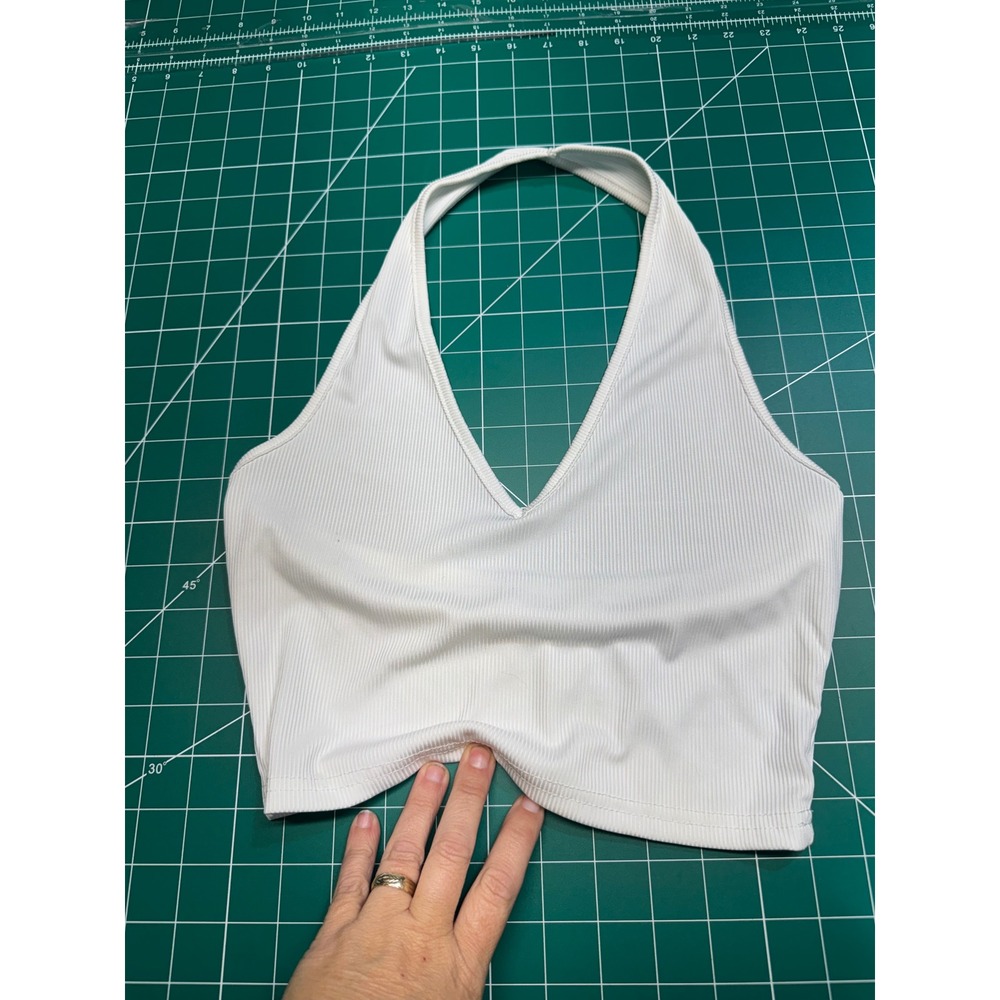 SHEIN Womens White Ribbed Halter Crop Top V-Neck Sleeveless Size S